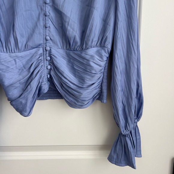 Anthropologie Ruched Blue Blouse Size S Button Front Smocked Waist Top - Picture 5 of 6